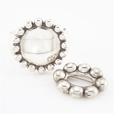 Lot 1742 - Silver Cuff Bangle Bracelet and Circle Pin, Linda Lee Johnson