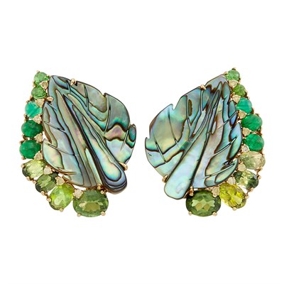 Lot 550 - Pair of Gold, Abalone Shell, Gem-Set and Diamond Leaf Earclips
