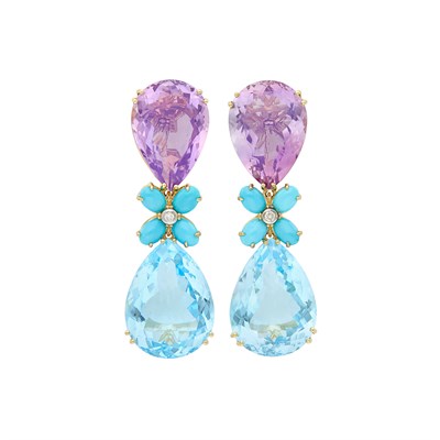Lot 570 - Pair of Gold, Amethyst, Blue Topaz, Turquoise and Diamond Pendant-Earclips
