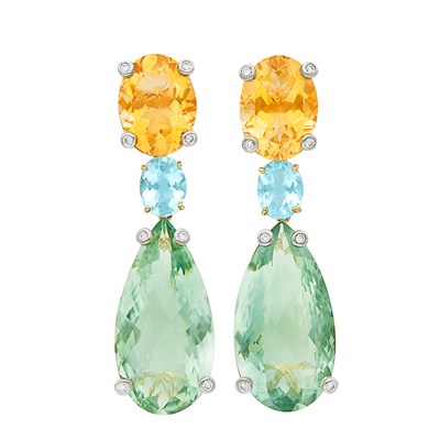 Lot 601 - Pair of Gold, Green Quartz, Citrine, Blue Topaz and Diamond Pendant-Earclips
