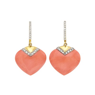 Lot 562 - Pair of Two-Color Gold, Coral and Diamond Pendant-Earrings