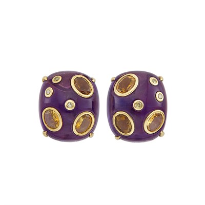 Lot 320 - Pair of Gold, Cabochon Amethyst, Gem-Set and Diamond Earclips