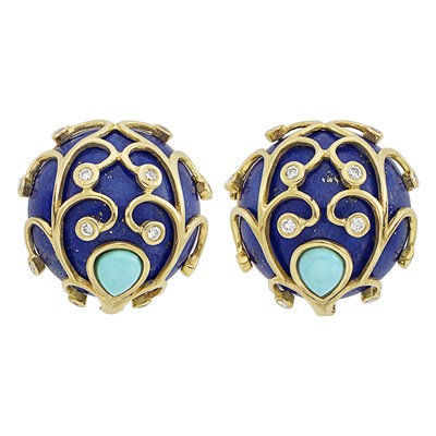 Lot 236 - Pair of Gold, Lapis, Turquoise and Diamond Earrings