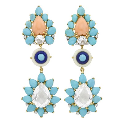 Lot 539 - Pair of Gold, Turquoise, Coral, White Agate, Aquamarine, Rock Crystal and Diamond Pendant-Earclips
