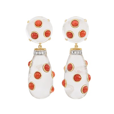 Lot 391 - Pair of Gold, Rock Crystal, Coral and Diamond Pendant-Earclips