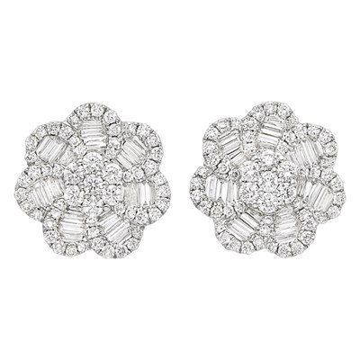 Lot 660 - Pair of White Gold and Diamond Flower Earrings