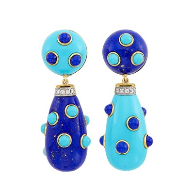 Lot 817 - Pair of Gold, Lapis, Turquoise and Diamond Pendant-Earclips