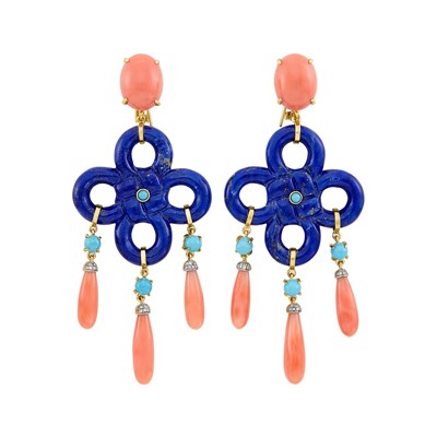 Lot 484 - Pair of Gold, Lapis, Coral, Turquoise and Diamond Pendant-Earrings