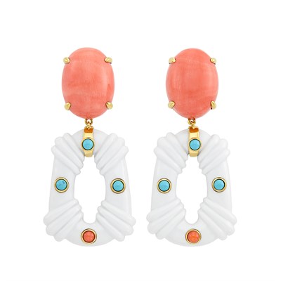 Lot 559 - Pair of Gold, Coral, Carved White Agate and Turquoise Pendant-Earclips