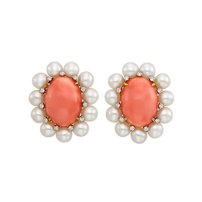 Lot 37 - Pair of Gold, Coral, Cultured Pearl and Diamond Earclips
