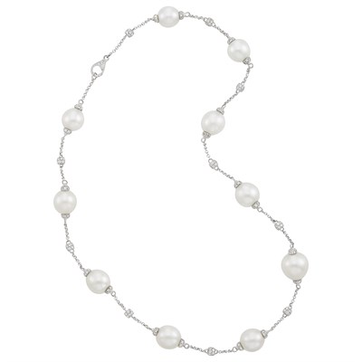Lot 68 - White Gold, South Sea Cultured Pearl and Diamond Chain Necklace
