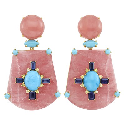 Lot 252 - Pair of Gold, Rhodochrosite, Turquoise, Sapphire and Diamond Pendant-Earrings