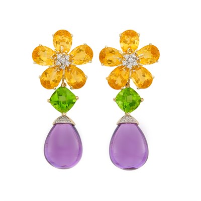 Lot 267 - Pair of Gold, Amethyst, Citrine, Peridot and Diamond Pendant-Earclips