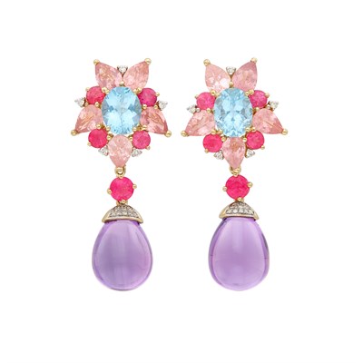 Lot 573 - Pair of Gold, Gem-Set, Cabochon Amethyst and Diamond Pendant-Earclips