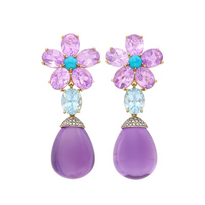 Lot 634 - Pair of Gold, Amethyst, Aquamarine, Turquoise and Diamond Flower Pendant-Earclips