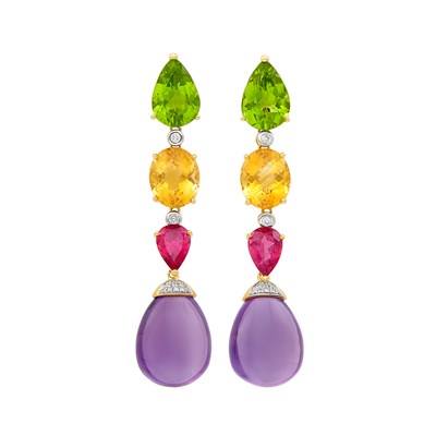 Lot 317 - Pair of Gold, Peridot, Citrine, Pink Tourmaline, Amethyst and Diamond Pendant-Earclips