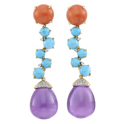 Lot 360 - Pair of Gold, Coral, Turquoise, Amethyst and Diamond Pendant-Earclips