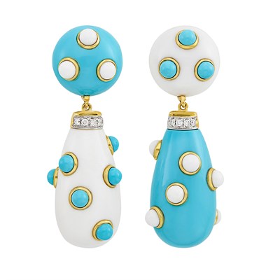 Lot 811 - Pair of Gold, Turquoise, White Agate, and Diamond Pendant-Earclips