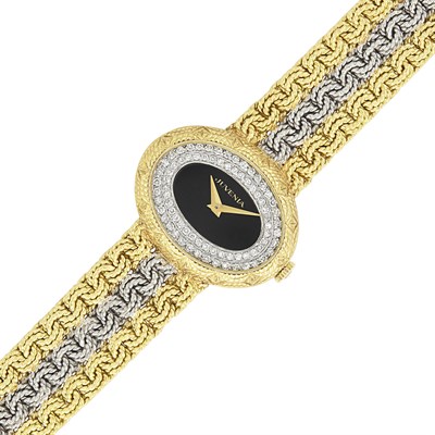 Lot 356 - Two-Color Gold, Black Onyx and Diamond Mesh Wristwatch, Juvenia