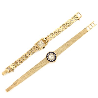 Lot 1377 - Gold Wristwatch, Belfont, and Gold, Diamond and Cabochon Synthetic Sapphire Wristwatch, Lucien Piccard