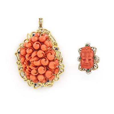 Lot 1390 - Gold, Carved Coral and Diamond Ring and Pendant