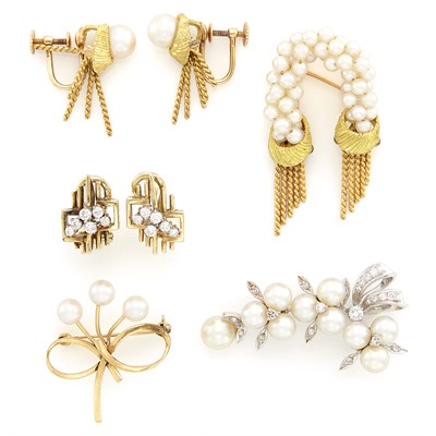 Lot 1375 - Group of Yellow and White Gold, Cultured Pearl and Diamond Jewelry