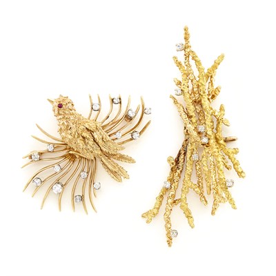 Lot 1388 - Two Gold and Diamond Pendant-Brooches
