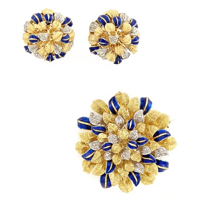 Lot 1297 - Two-Color Gold, Blue Enamel and Diamond Flower Pendant-Brooch and Pair of Earrings