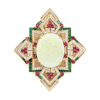 Lot 1337 - Two-Color Gold, Opal, Diamond, Ruby and Emerald Pendant