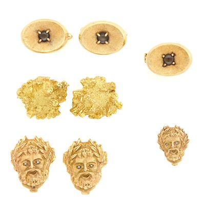 Lot 1565 - Three Pairs of Gold Cufflinks, Clip and Pin