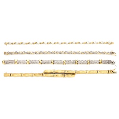 Lot 1336 - Four Gold, Diamond and Cultured Pearl Bracelets