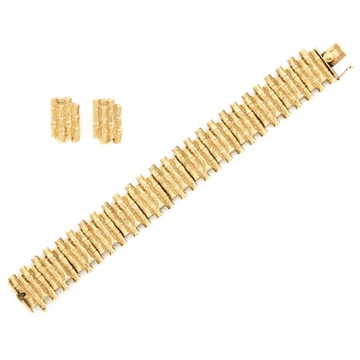 Lot 1427 - Gold Bamboo Link Bracelet and Pair of Earclips