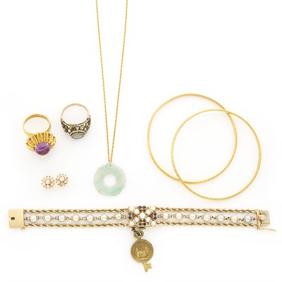 Lot 1436 - Two Gold, Low Karat Gold, Metal, Silver, Diamond and Gem-Set Bangles and Rings, Pendant, Bracelet-Watch and Pair of Earrings