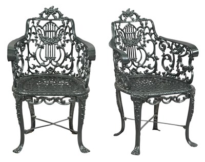 Lot 308 - Pair of Painted Cast Iron Lyre Back Armchhairs...