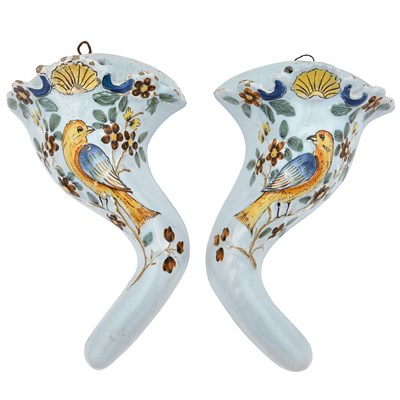 Lot 218 - Pair of English Delft Cornucopia Wall Pockets...