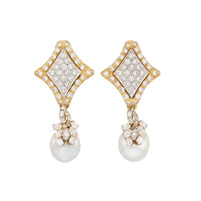Lot 381 - Pair of Gold, Diamond and South Sea Baroque Cultured Pearl Pendant-Earclips