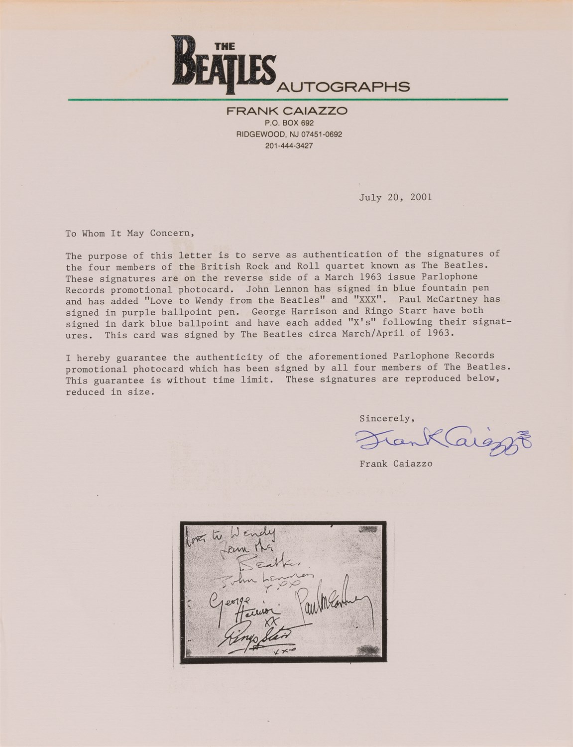 Lot 60 - THE BEATLES Set of Beatles signatures on the...