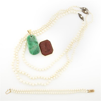 Lot 1587 - Group of Gold, Silver, Metal, Cultured Pearl and Gem-Set Intaglio, Pendant, Bracelet and Necklaces