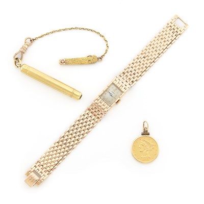 Lot 2074 - Rose Gold Wristwatch, Coin Pendant and Retractable Pen with Hook