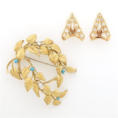 Lot 2068 - Gold, Turquoise and Diamond Brooch, U. Bellini, and Pair of Gold and Diamond Earclips
