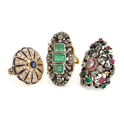 Lot 1525 - Three Silver, Gold, Diamond and Gem-Set Rings