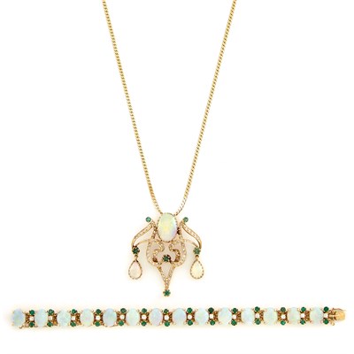 Lot 1321 - Gold, Opal, Emerald, and Diamond Bracelet and Pendant with Chain Necklace