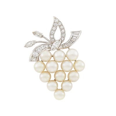 Lot 536 - Pair of Low Karat White Gold, Cultured Pearl and Diamond Pendant-Earclips and White Gold, Cultured Pearl and Diamond Brooch