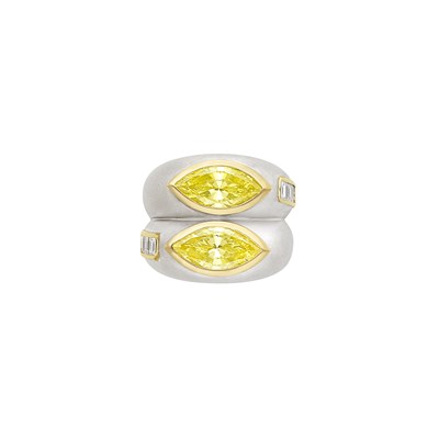 Lot 436 - Two-Color Gold, Simulated Yellow Diamond and Diamond Ring