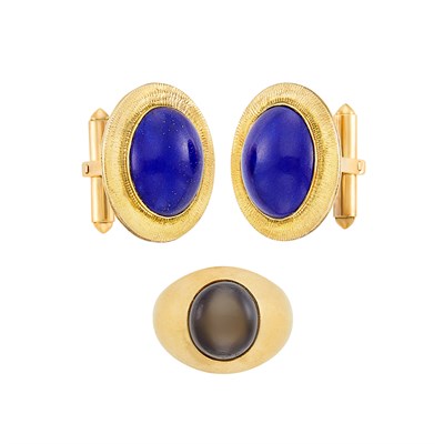 Lot 1362 - Pair of Gold and Lapis Cufflinks and Gold and Cat's Eye Smoky Quartz Ring