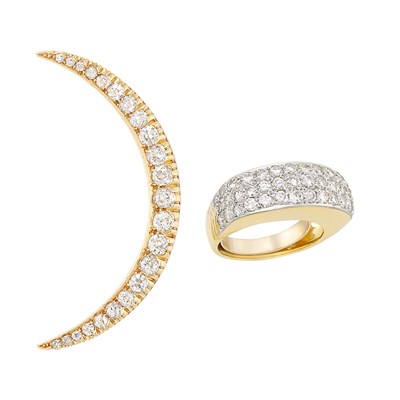 Lot 192 - Gold and Diamond Crescent Brooch and Two-Color Gold and Diamond Ring