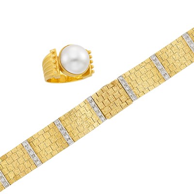Lot 347 - Gold and Mabé Pearl Ring and Two-Color Gold and Diamond Bracelet-Watch