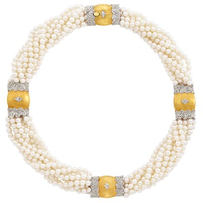 Lot 186 - Two-Colored Gold and Multistrand Cultured Pearl Torsade Necklace, Buccellati