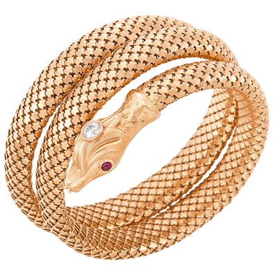 Lot 95 - Coiled Rose Gold, Diamond and Cabochon Ruby Snake Bracelet