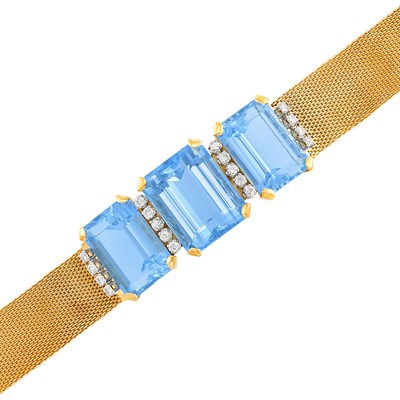 Lot 210 - Gold, Platinum, Aquamarine and Diamond Mesh Bracelet